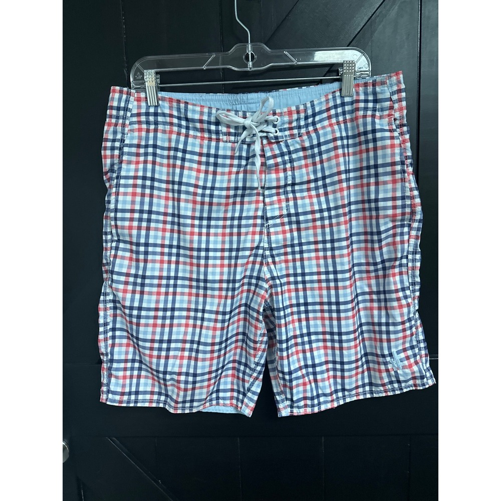 Johnnie-O Mens Plaid Swim Trunks Red White Blue Board Shorts Size Medium Coastal
